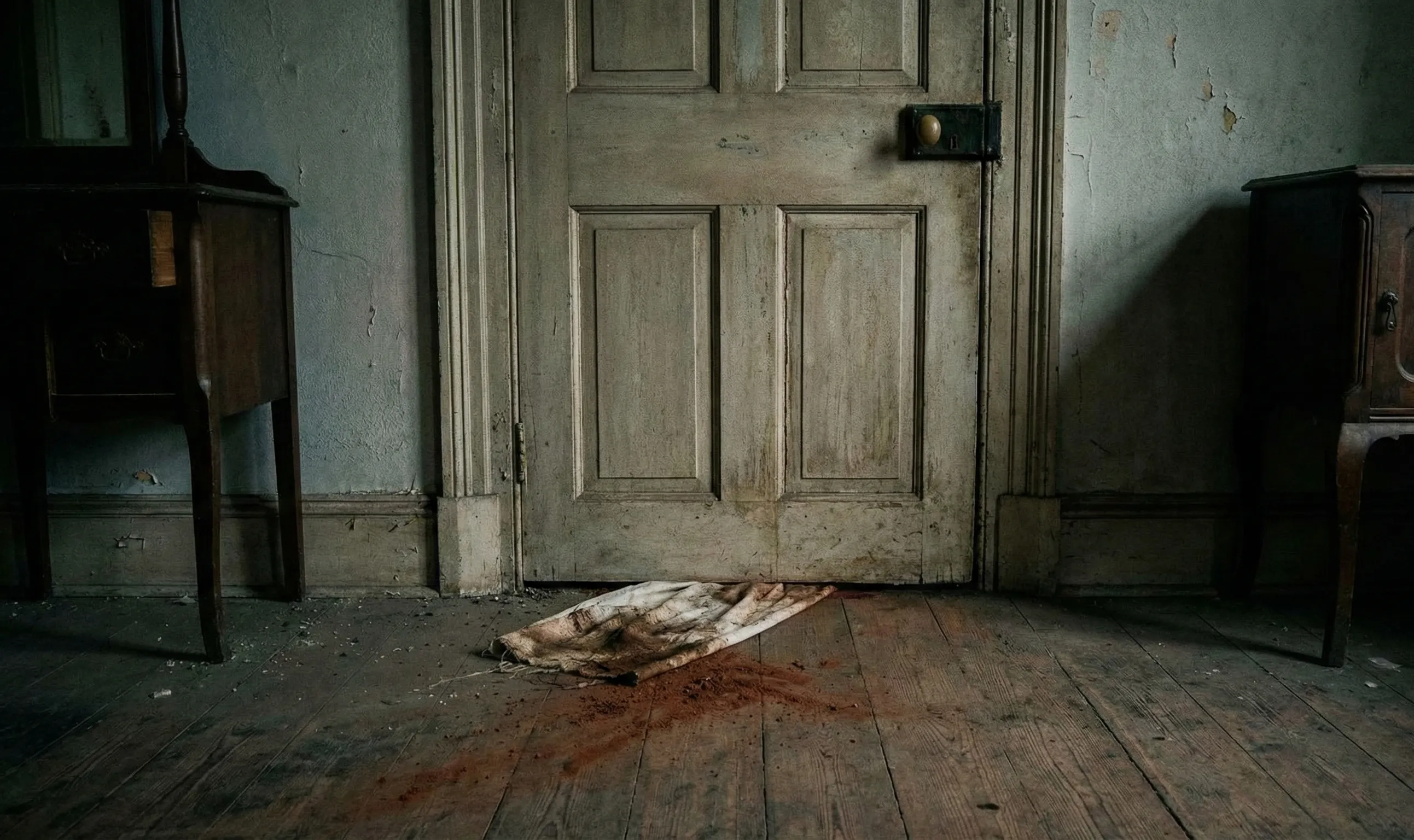 Kain kafan dan tanah kuburan yang muncul di celah pintu hotel, menandakan teror mayat hidup Nyi Laras telah tiba